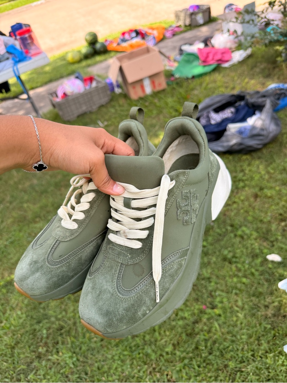 Tory Burch Olive Green Suede & Leather Platform Sneakers with Cream Laces